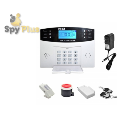 GSM Alarm System with remote controller, siren, door sensor, PIR motion sensor, and power adapter