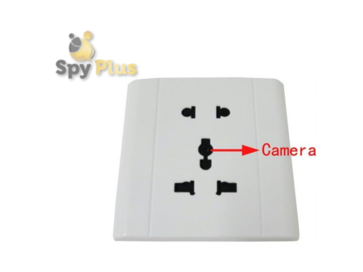 An image of our white wall-mounted Power Outlet Hidden Camera with a small camera lens discreetly placed near the top. The device appears to be a normal power outlet but has a hidden camera for surveillance purposes. The outlet has Wi-Fi capabilities for remote viewing and monitoring.