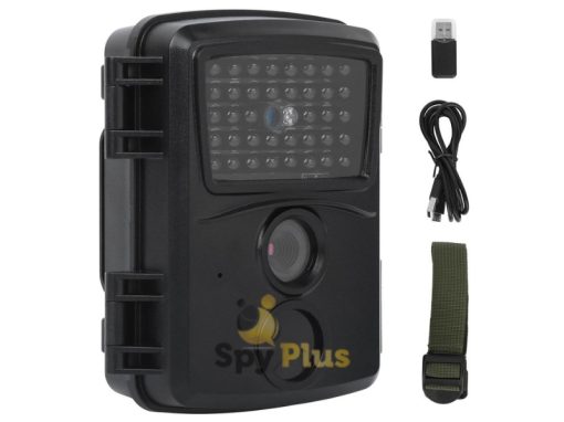 This photo displays a trail camera DTCB28 along with its essential accessories. The camera itself is visible, along with a USB memory card reader, a mounting strap, and a USB cable. The camera has a durable, black-patterned body and a built-in 16-megapixel lens with advanced sensors, making it perfect for outdoor activities. The accessories provide a convenient way to store and transfer data, as well as a mounting strap for easy installation.