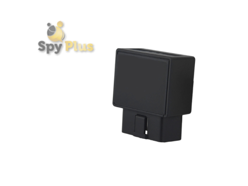 A small black GPS tracker that plugs into the OBD port of a vehicle. The tracker has a built-in vibration sensor and connects to a smartphone, allowing users to track the vehicle in real-time and receive alerts if it moves without authorization.